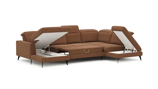 Wohnlandschaft Alegria - Longchair links mit 2,5-Sitzer und Ecke rechts inkl. Schlaffunktion und Kopfteil/ Sitztiefe verstellbar, Stoff, Kurkuma