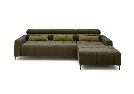 Ecksofa - 2-Sitzer mit Longchair rechts, Sitztiefe verstellbar motorisch/Kopfteil verstellbar, Stoff, Dunkelgrün
