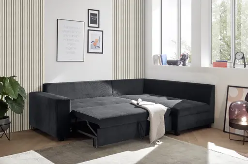 Ecksofa - 2-Sitzer mit Ecke rechts, Schlaffunktion, Cord, Schwarz