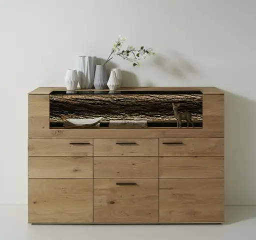 Highboard - mit Beleuchtung, Kerneiche massiv