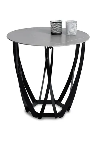 Beistelltisch - Ø/H ca. 50x50 cm, Hellgrau marmoriert, Schwarz