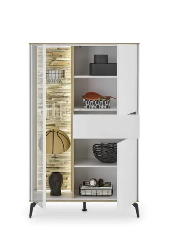 Highboard - mit Beleuchtung, B ca. 101 cm, Weiß, Asteiche, Schwarz