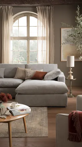 Ecksofa Palmdale - 3-Sitzer mit Longchair rechts, inkl. Kissen, Stoff, Graubeige