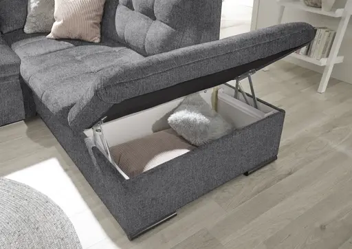 Ecksofa - 2-Sitzer, Ecke rechts inkl. Schlaffunktion und Bettkasten, Armteilverstellung, Stoff, Anthrazit