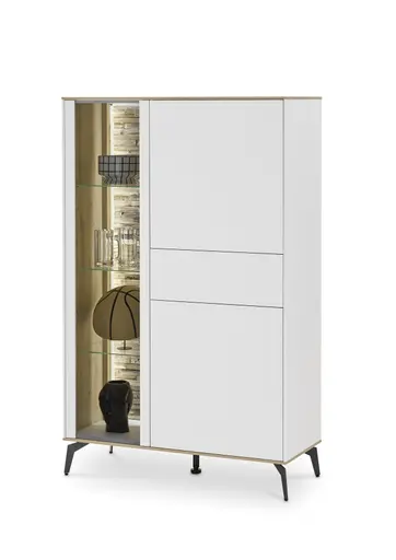 Highboard - mit Beleuchtung, B ca. 101 cm, Weiß, Asteiche, Schwarz