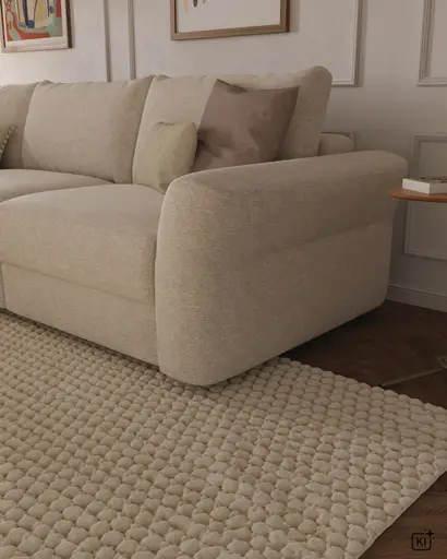 Ecksofa Almeria - Rundecke und Abschlussteil mit 2-Sitzer rechts, Stoff, Offwhite