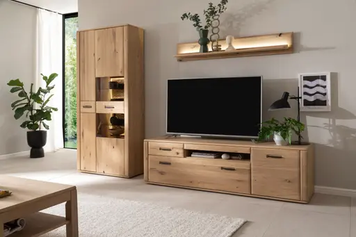 Wohnwand mit Beleuchtung - Balkeneiche, massiv