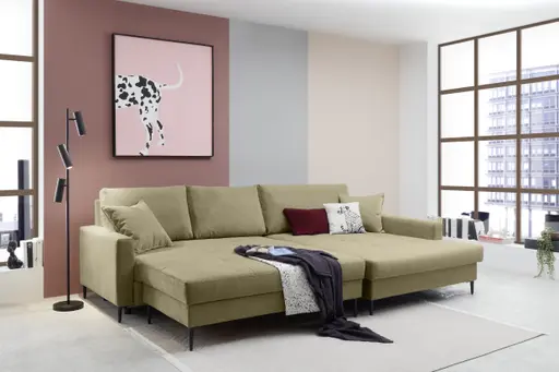 Ecksofa - 3-Sitzer mit Longchair rechts, Schlaffunktion mit Bettkasten, Stoff, Olive