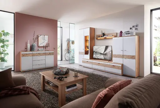 Wohnwand - mit Beleuchtung, Hellgrau