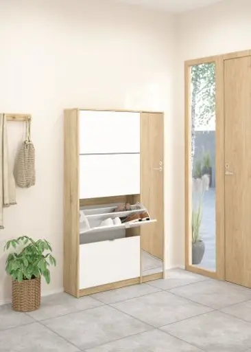 Schuhschrank - B ca. 99 cm, Eiche Struktur Nachbildung, Weiß Hochglanz