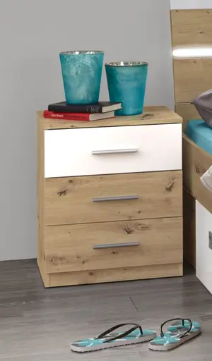 Nachtkommode- Eiche Dekor, Weiß