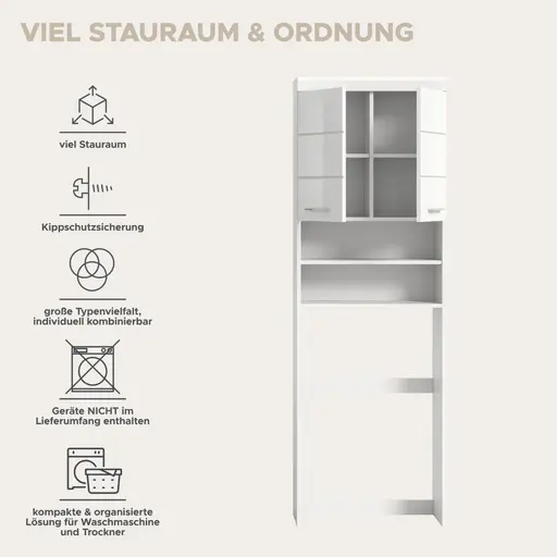 Waschmaschinenüberbau - B ca. 63 cm, Weiß, Weiß Hochglanz