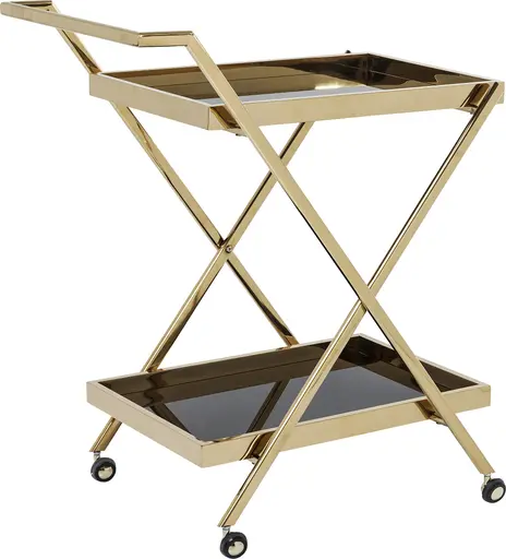 Servierwagen- Edelstahl, Vermessingt, Goldfarben, Glas, Schwarz