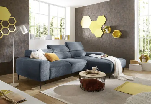 Ecksofa - 2-Sitzer mit Longchair rechts, Sitzvorzug motorisch, Kopfteil verstellbar, Stoff, Blau