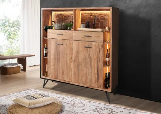 Highboard - mit Beleuchtung, B ca. 145 cm, Akazie massiv
