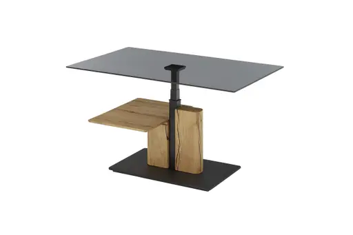 Couchtisch - höhenverstellbar, LBH ca. 105x65x45 cm, Glas grau, Eiche massiv