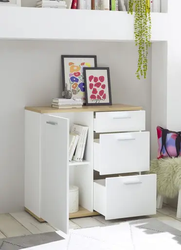 Kommode - B ca. 95 cm, Weiß, Artisan Eiche Nachbildung