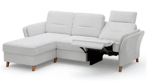 Ecksofa Vayra - Longchair links mit 2,5-Sitzer rechts, inkl. Relaxfunktion (motorisch) und Kopfstütze verstellbar (manuell), Stoff, Offwhite