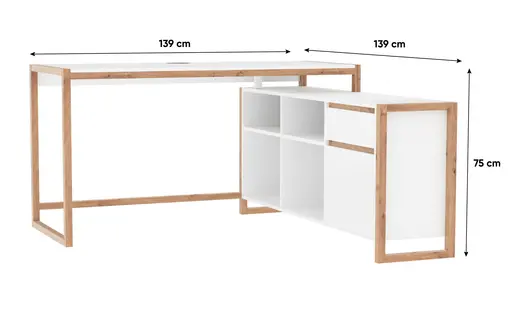 Eckschreibtisch - LB ca. 139x139 cm, Weiß, Artisan Eiche Nachbildung