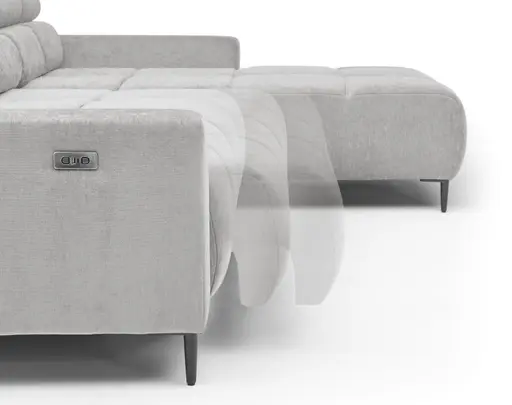 Ecksofa - 2-Sitzer mit Longchair rechts, Sitztiefe verstellbar motorisch/Kopfteil verstellbar, Stoff, Silbergrau