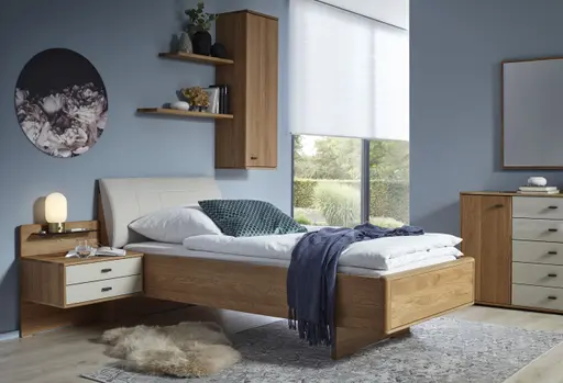 Bett Lenoso - Liegefläche ca. 90x200 cm, Eiche Nachbildung, Kunstleder Champagner