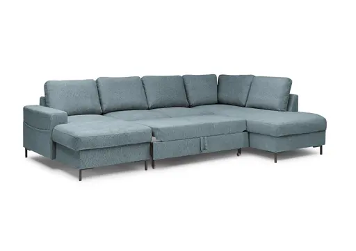 Wohnlandschaft - Longchair links mit 2-Sitzer und Ecke rechts, Stoff, Azur