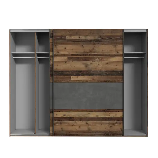 Schwebetürenschrank FEA - mit Passpartout, mit Beleuchtung, B. ca. 270 cm, Old Wood Vintage Dekor, Betonoptik Dunkelgrau