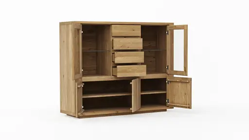 Highboard Bakersfield - sichtbare Rückwand geschroppt, Asteiche massiv, geölt