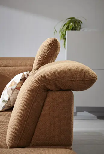 Wohnlandschaft Alegria - Longchair links mit 2,5-Sitzer und Ecke rechts inkl. Schlaffunktion und Kopfteil/ Sitztiefe verstellbar, Stoff, Kurkuma