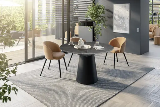 Esstisch - ausziehbar, Ø/H ca. 130x75 cm, Keramikoptik grau, Schwarz