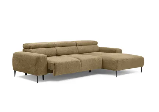 Ecksofa - 2-Sitzer mit Longchair rechts, Sitzvorzug motorisch, Kopfteil verstellbar, Stoff, Senfgelb