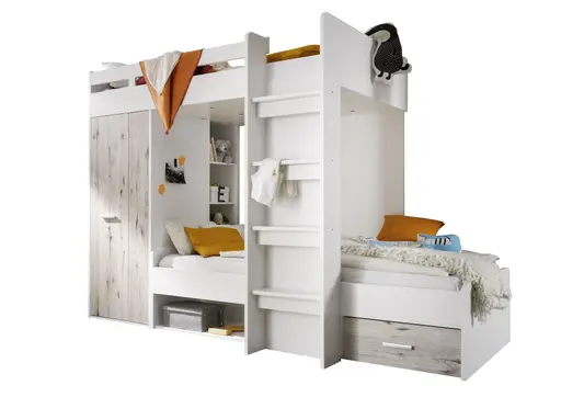 Hochbett- Liegefläche ca. 90x200 cm, Weiß, Sandeiche Dekor