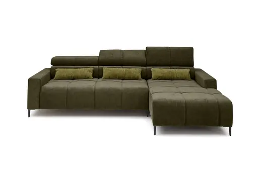 Ecksofa - 2-Sitzer mit Longchair rechts, Sitztiefe verstellbar motorisch/Kopfteil verstellbar, Stoff, Dunkelgrün