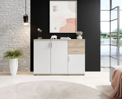 Kommode - B ca. 120 cm, Sonoma Eiche Nachbildung, Weiß