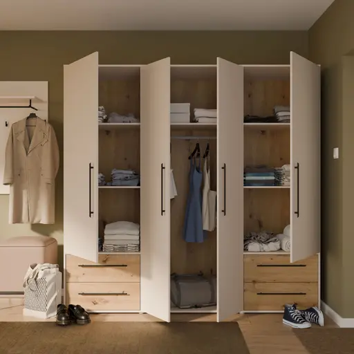  Drehtürenschrank FATHIE- B ca. 206 cm, Sand, Eiche Dekor