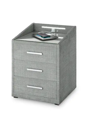 Nachttisch- Grau, mit Glasplatte, inkl. Beleuchtung