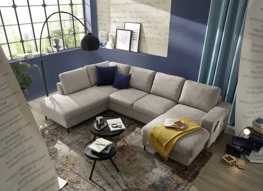 Wohnlandschaft - Ecke links mit 2-Sitzer und Longchair rechts, Stoff, Steingrau