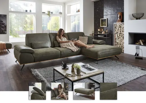 Ecksofa - 3-Sitzer mit Longchair rechts, Leder, Olive