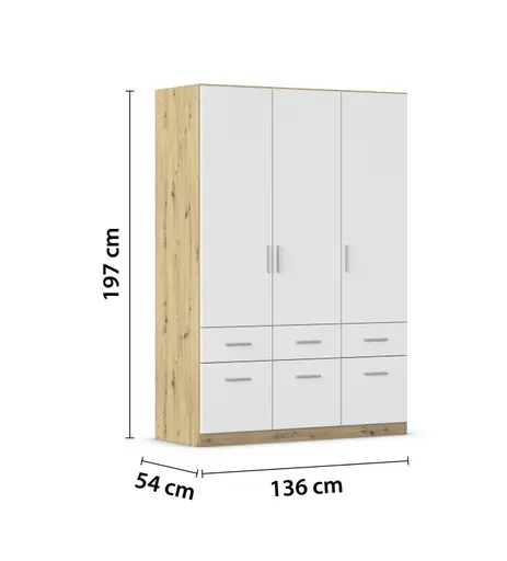 Drehtürenschrank REXY MATT- B 136 cm, Eiche Dekor, Weiß