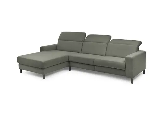 Ecksofa - CALM FLEX 2.0, Longchair links mit 3-Sitzer, Kopfteil verstellbar, Stoff, Olive