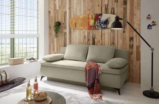 Funktionssofa JUNNIS - Schlaffunktion mit Bettkasten, Stoff, Taupe