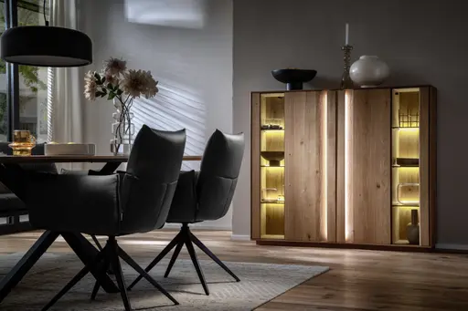 Highboard Due Viso - inkl. Beleuchtung, BHT ca. 153x135x40 cm , Wildeiche Roheffekt, geölt