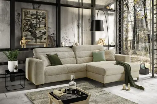 Ecksofa JAROM - 3-Sitzer, Ecke rechts inkl. Relaxfunktion (motorisch) und Kopfteil verstellbar, Stoff, Creme