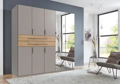 Drehtürenschrank- B ca. 225 cm, Saharagrau, Eiche Dekor