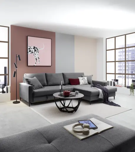 Ecksofa - 3-Sitzer mit Longchair rechts, Schlaffunktion mit Bettkasten, Stoff, Anthrazit