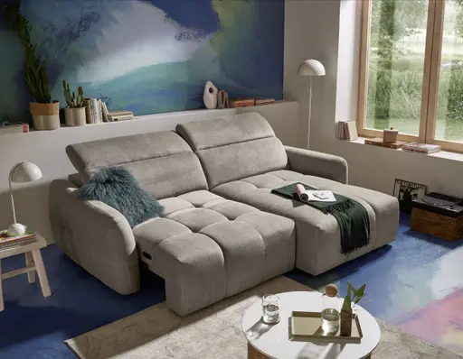Ecksofa MADAN - 1,5-Sitzer mit Longchair rechts, Sitztiefe verstellbar motorisch, Kopfteil verstellbar, Stoff, Truffle