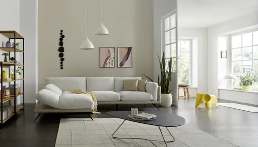 Ecksofa Valdemoro - Longchair mit 2,5-Sitzer rechts inkl. Rückenlehne verstellbar, Stoff, Creme