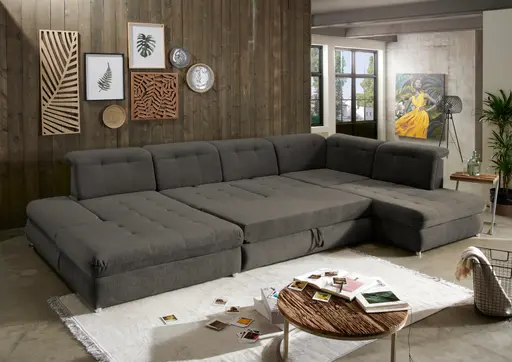 Wohnlandschaft -  Schlaffunktion mit 2 Bettkästen, Longchair links, 2-Sitzer, Ecke rechts, Microfaser, Dunkelgrau
