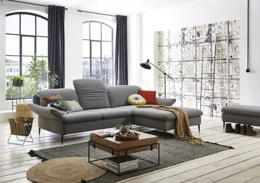 Ecksofa - 2,5-Sitzer mit Longchair rechts, inkl. Rückentiefen- und Kopfteilverstellung, Stoff, Grau