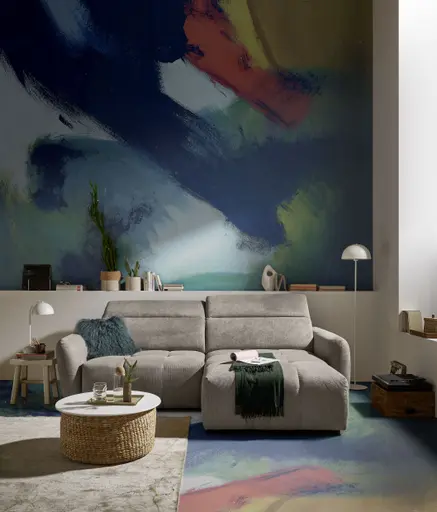 Ecksofa MADAN - 1,5-Sitzer mit Longchair rechts, Sitztiefe verstellbar motorisch, Kopfteil verstellbar, Stoff, Truffle
